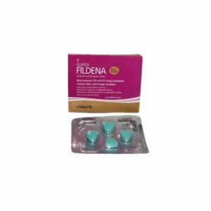 Box of Super Fildena Dual Action tablets containing Sildenafil and Dapoxetine, shown in pink and gold packaging, displayed with a blister pack of four green triangular tablets.