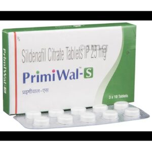 Box of Primiwal S Tablet Sildenafil Citrate Tablets IP 25 mg with green and white packaging, displayed alongside a blister strip containing white round tablets (3x10 pack).