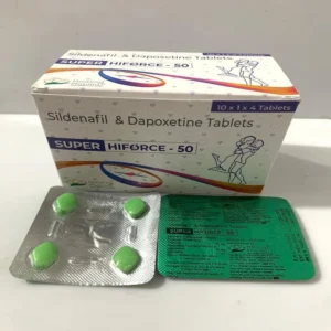 Super Hiforce 50 tablets box with Sildenafil and Dapoxetine, showing green pills in blister pack used for erectile dysfunction and premature ejaculation treatment.