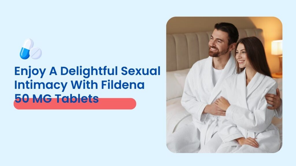 Happy couple in bathrobes enjoying romantic intimacy, promoting Fildena 50 MG tablets for improved sexual performance