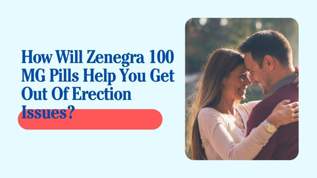 Couple smiling and embracing with text about Zenegra 100 MG pills helping treat erection issues and improve sexual performance